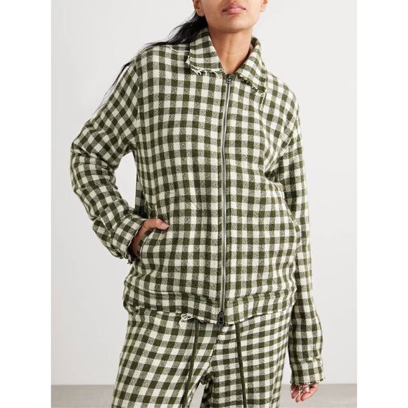 The Elder Statesman Gingham Cashmere Decon Jacket in New Olive White M - Picture 4 of 7